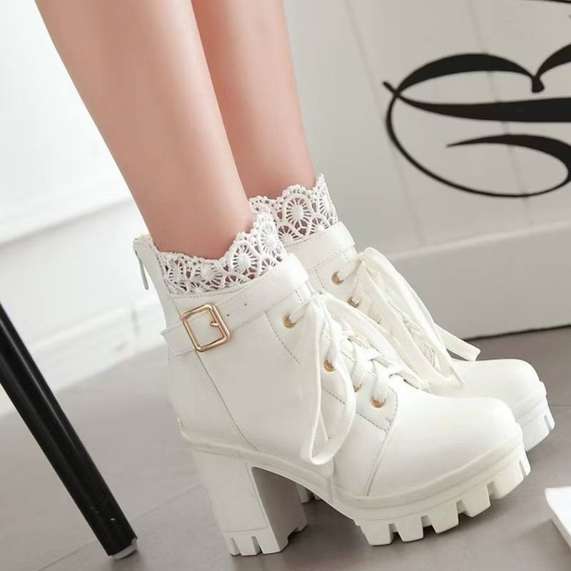 Fashion All-match Cute Lace Thick Heel Round Toe Short Boots Princess Shoes