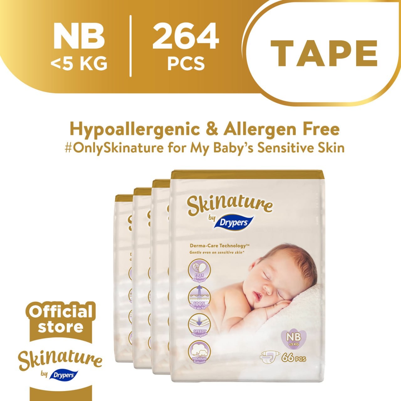 Skinature by Drypers Premium Baby Diapers Carton Sales - Newborn 66pcs x 4 Packs