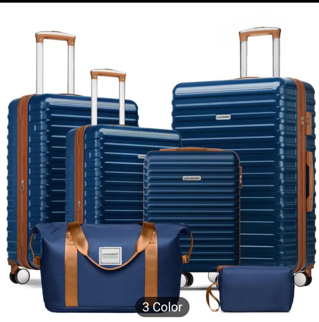 6pcs ABS Luggage Set in Navy Blue & Tan - Expandable (24" & 28"), Hard Shell Suitcases with TSA Lock, Swivel Wheels, and Travel Essentials: Handbag, Shoulder Bag, Toiletry Pouch - Ideal for Family Tra