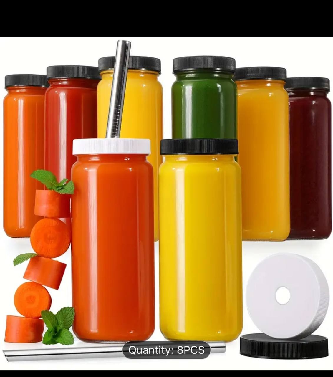 8pcs Glass Cup, Juice Bottle-16oz Condiment Jar, Water Cup with Black Airtight Lid, with 2 Straws and 2 Perforated Bottle Caps, Reusable, Kitchen Freshness Canning, Coffee Cup