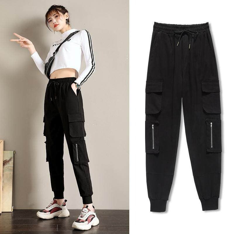 Ready Stock 2020 Women Casual Cargo Pants INS Fashion Zipper Black High Waist Trousers Lady Fashion Slim Fit Pants Overalls New Free shipping