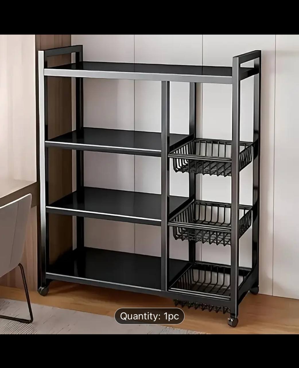 Faridabio 1pc Movable Storage Rack with Four Layers and Three Wire Baskets for Kitchen, Household Fruit and Vegetable Storage Rack or A Clutter Organizer, Suitable for Various Scenarios Such as Kitche