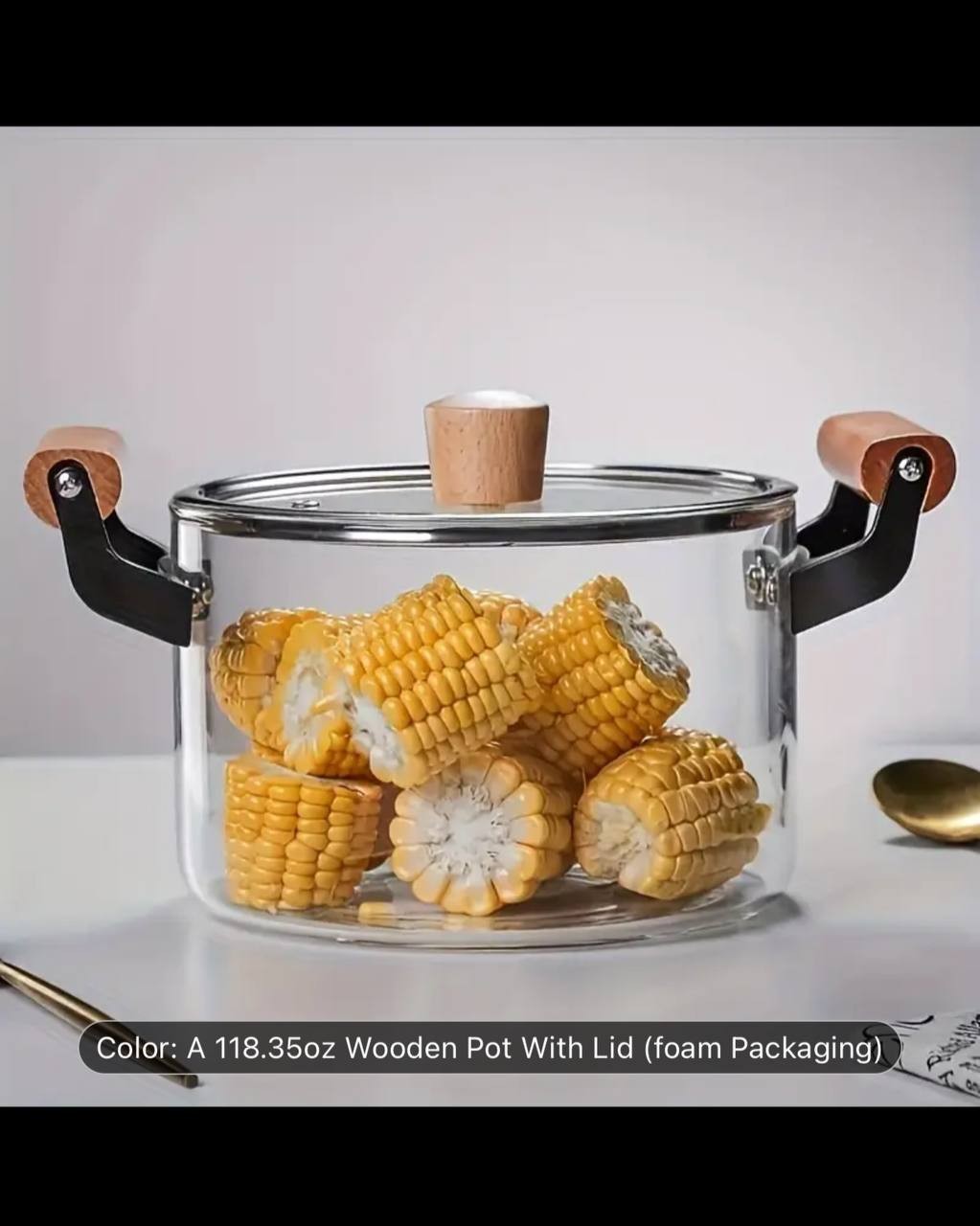 1pc Nordic Style Glass Pot with Wooden Handles - High Borosilicate, Transparent with Lid, Ideal for Boiling Corn and Other Vegetables, Compatible with Electric and Gas Stoves, Stove Compatible|Nordic 
