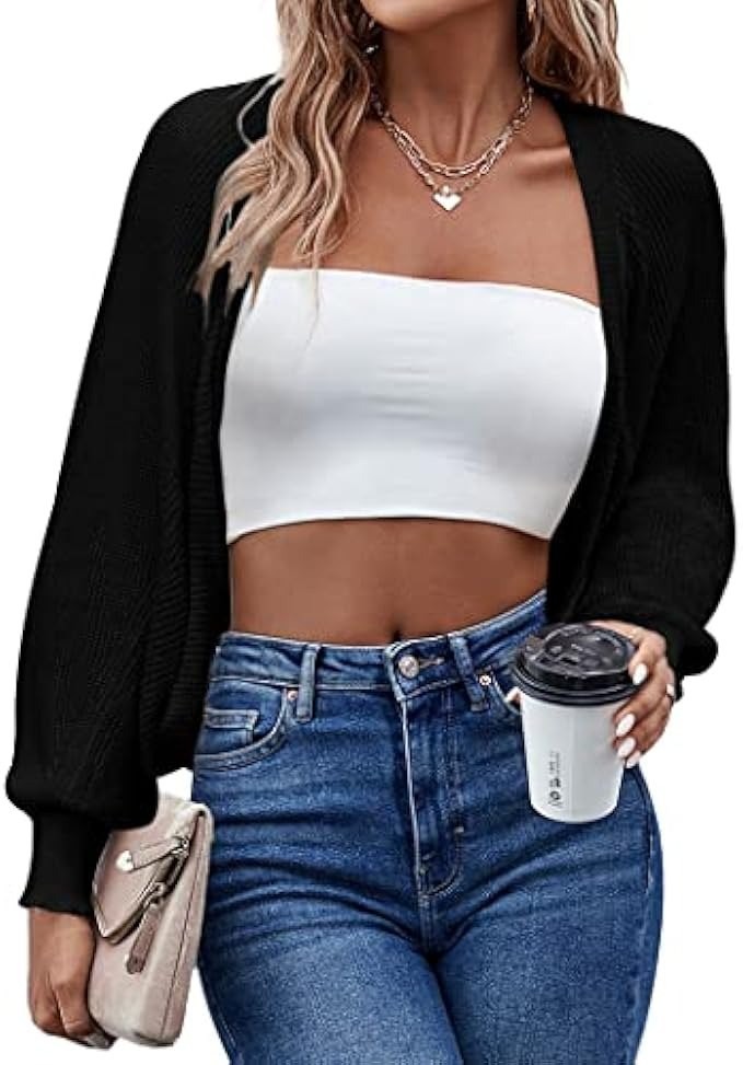Hotouch Women's Cardigan Shrugs Long Batwing Sleeve Knitted Cropped Bolero Open Front Casual Elegant Cardigans for Dresses