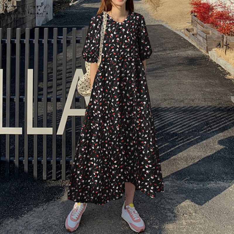 Rulfepy ZANZEA Women Korean Style Floral Print Tiered Layered Dress Short Sleeve Loose Long Maxi Sundress