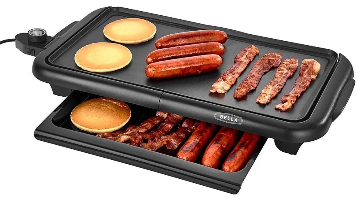 bella Electric Griddle with Warming Tray - Smokeless Indoor Grill, Nonstick Surface, Adjustable Temperature & Cool-touch Handles, 10" x 18", Copper/Black