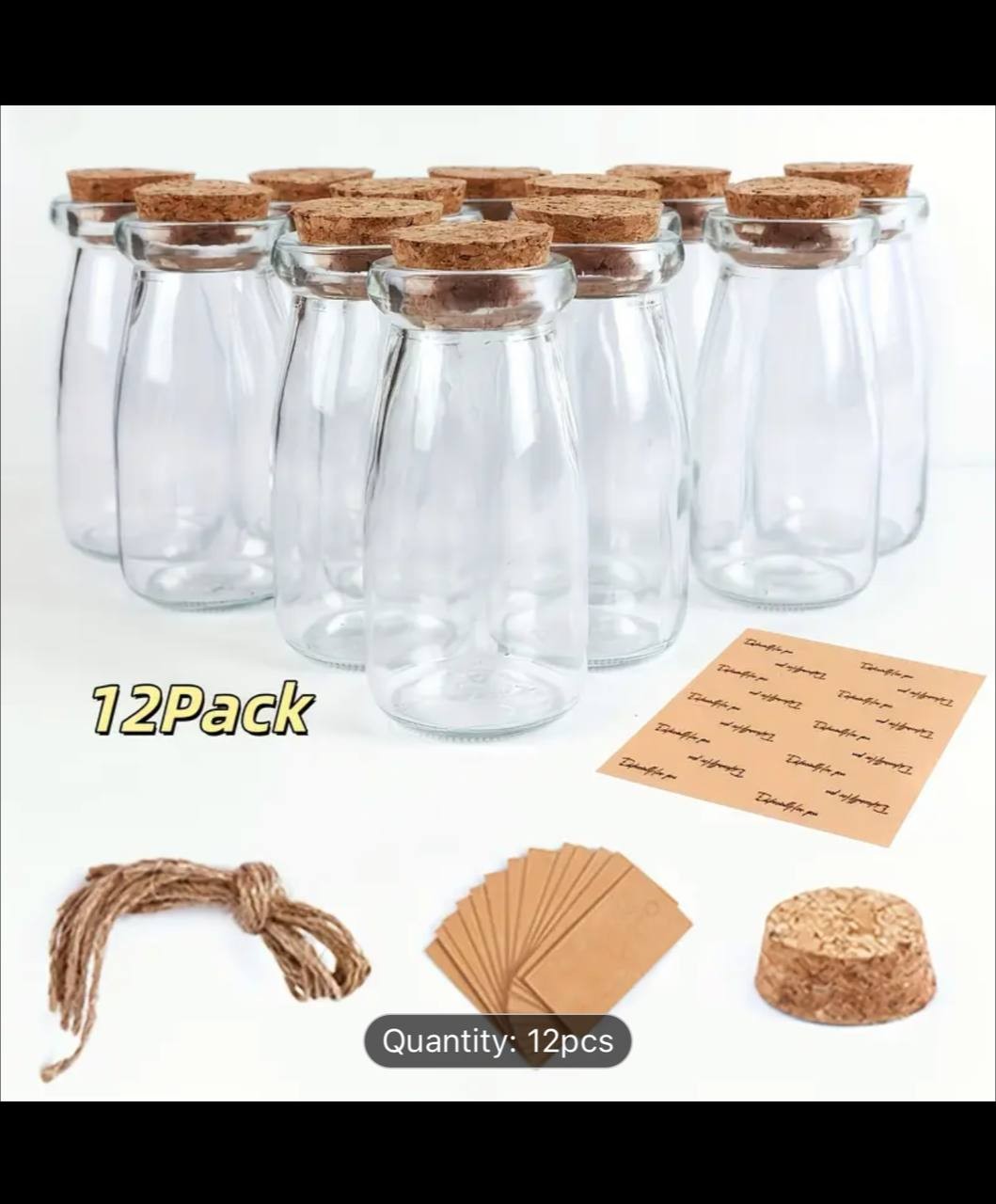 12pcs 4x2 Inch Glass Candy Bottles with Cork Lids, Labels & Twine - 3.38oz Reusable Milk Bottle Style Party Favors for Weddings, Birthdays, Graduations, and Engagement Decorations