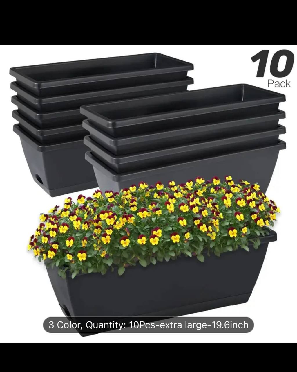 10pcs Extra Large Rectangular Resin Planters with Drainage Holes & Trays - Versatile Indoor/Outdoor Garden Pots for Vegetables, Flowers | Ideal for Home Balcony Gardening | Black, Light Grey, Brick Re