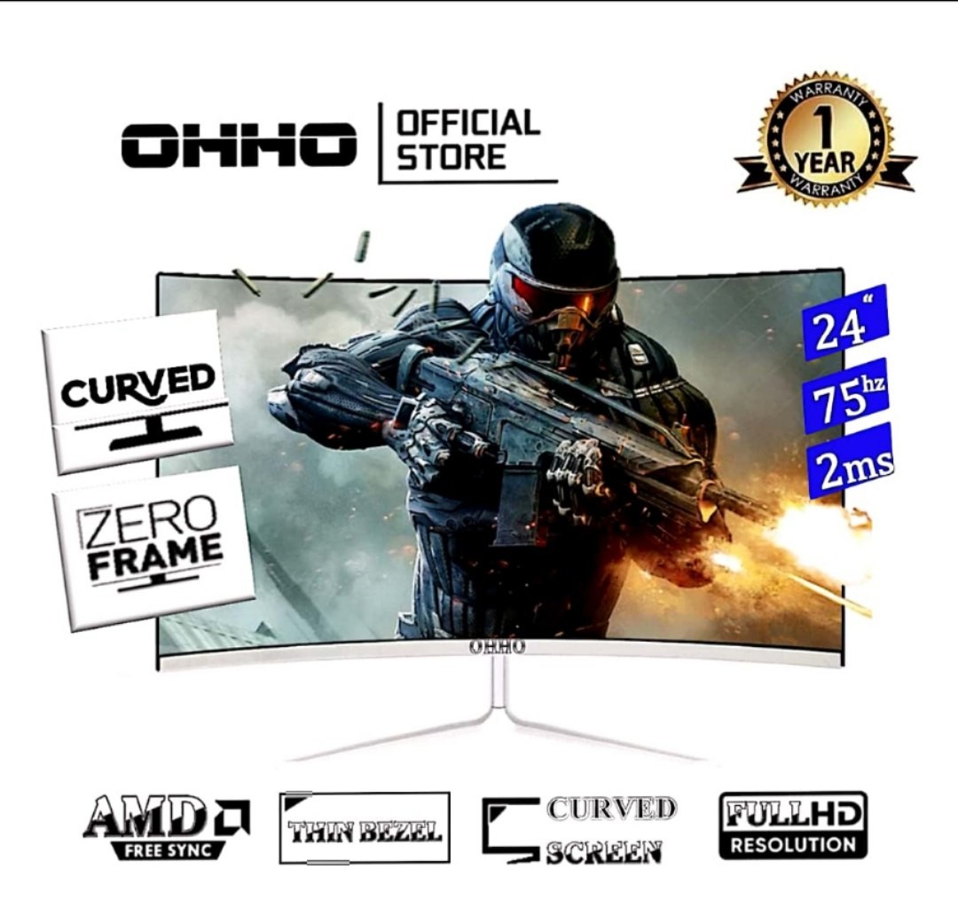【ready stock】24”inch OHHO brand | Curved Zero Frame Super Thin | FHD 1920*1080 | 2800R View 75Hz | Flicker Free AMD Freesync | IPS Gaming LED Monitor I VESA MOUNT