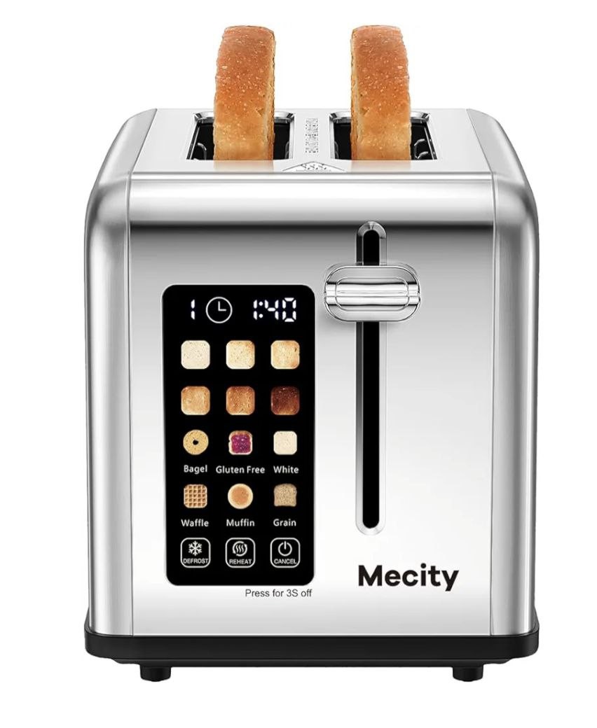 Mecity 2 Slice Toaster Touch Screen 1.5" Wide Slot, Stainless Steel Smart Bread Toaster for Bagel Muffin Waffle Gluten Free Breads, Timer, Defrost, Reheat, 120V 825W