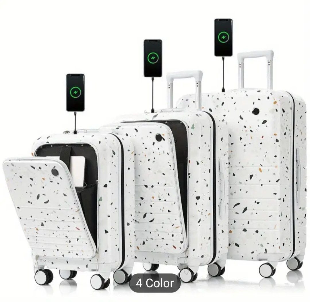 Luggage Set of 3, 20, 24, 28inch with USB Port, 20, 24inch with front opening design Airline Certified Carry on Luggage with Cup Holder, ABS+PC Hard Shell Luggage with Spinner Wheels