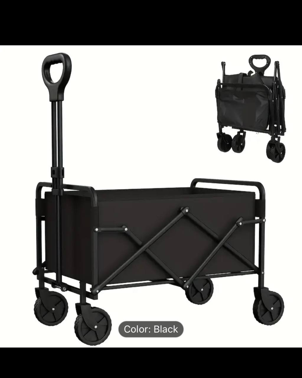Versatile Folding Utility Cart with 360� All-Terrain Wheels and Side Pockets - Ideal for Camping, BBQ, Travel | Easy Assembly, Metal, Black, Hand-pushed, Portable
