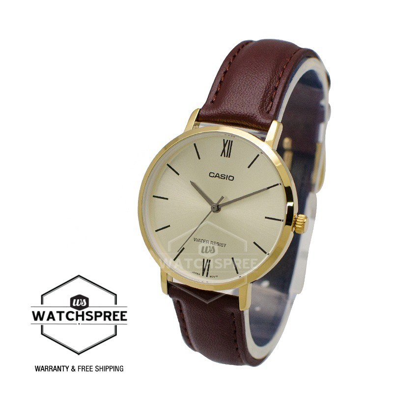 [Watchspree] Casio Ladies' Analog Dark Brown Leather Strap Watch LTPVT01GL-9B LTP-VT01GL-9B