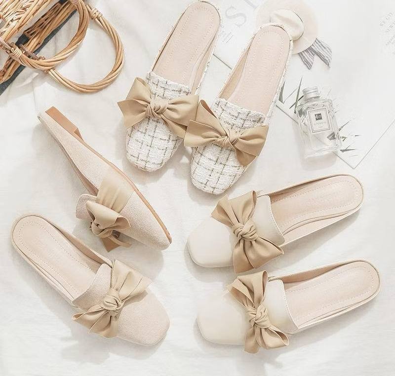 Girls with no heels lazy net red Baotou half slippers women flat-bottomed fashion all-match bow single shoes women