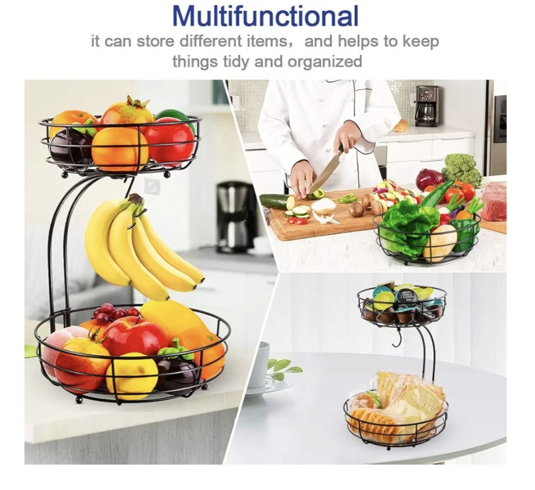 Auledio Iron 2-Tier Countertop Fruit Vegetables Basket Bowl Storage With Banana Hanger, Black, 64 ounces