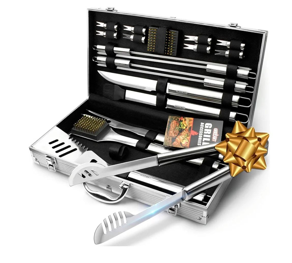 GRILLART BBQ Grill Utensil Tools Set Reinforced BBQ Tongs 19-Piece Stainless-Steel Barbecue Grilling Accessories w/Aluminum Storage Case -Complete Outdoor Grill Kit for Dad, Birthday Gift for Man Dad