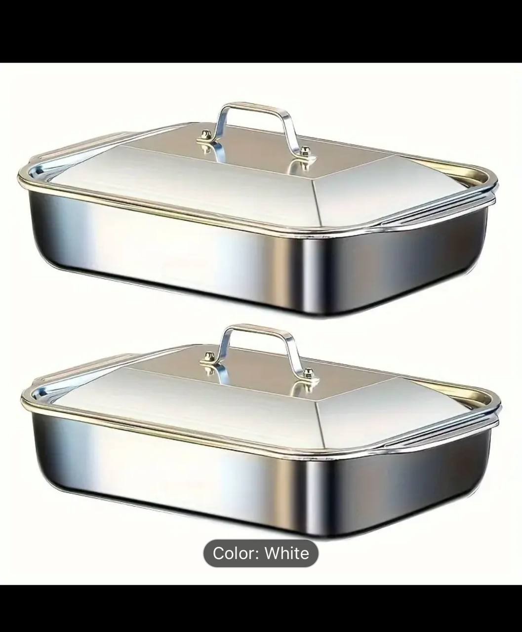 Set of 2 Large, Robust Stainless Steel Baking Trays with Lids - Non-Stick, Thick Rectangular Oven Pans Ideal for Desserts, Bread, And Seafood - Great for Barbecues, Buffets, And Festivals.