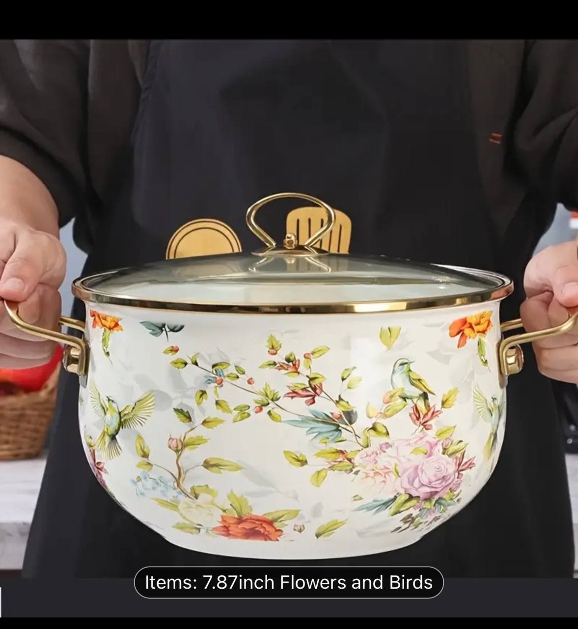 1pc Enamel Stew Pot with Floral & Bird Design, 7.87inch European Style Soup Casserole Pot, Durable & Stylish Kitchen Cookware, Induction Stovetop Compatible, Ideal for Cooking Shellfish & Stews, Outdo