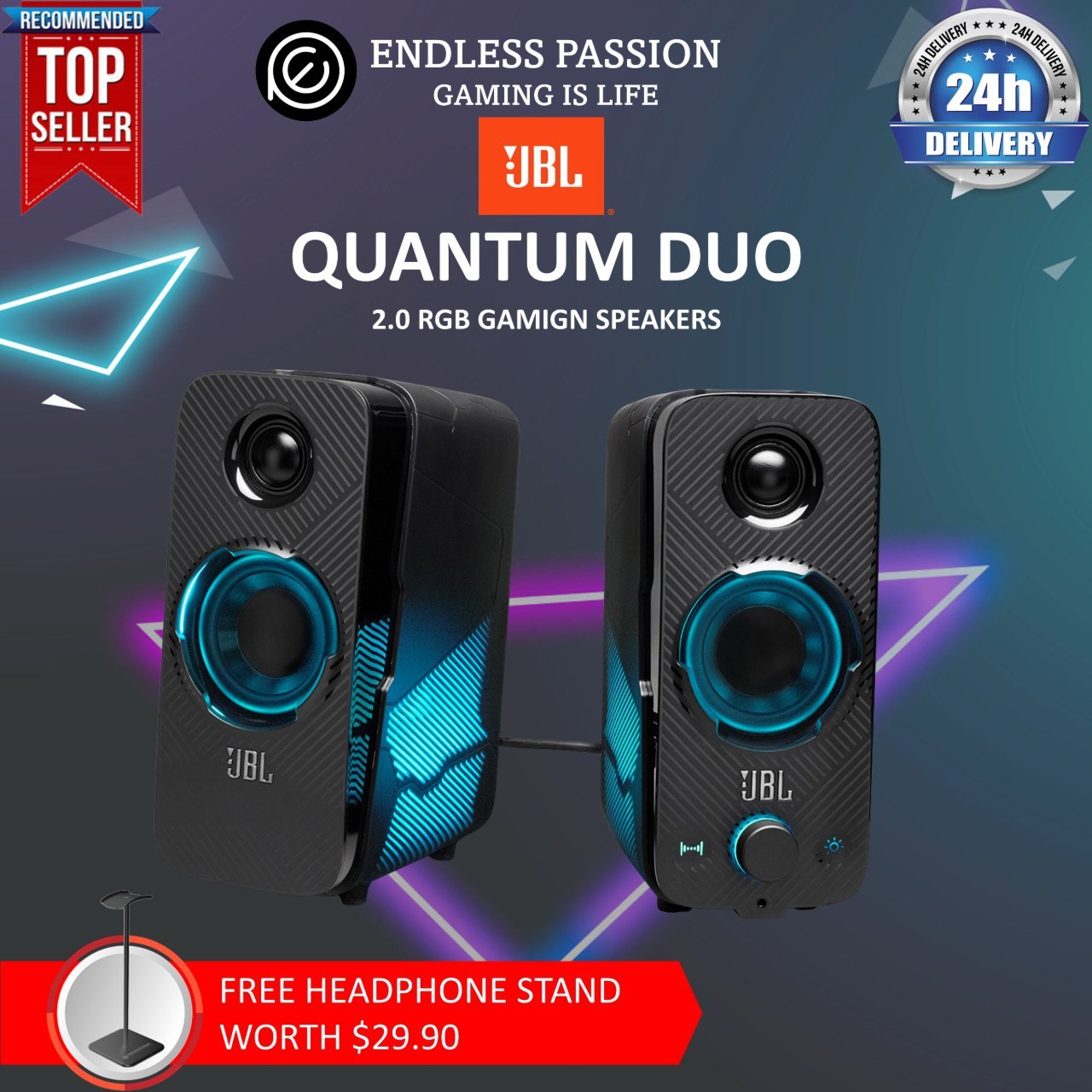 JBL Quantum Duo Gaming Speakers, USB Powered, PC Speakers, Powerful JBL Sound with LED Colour Lights