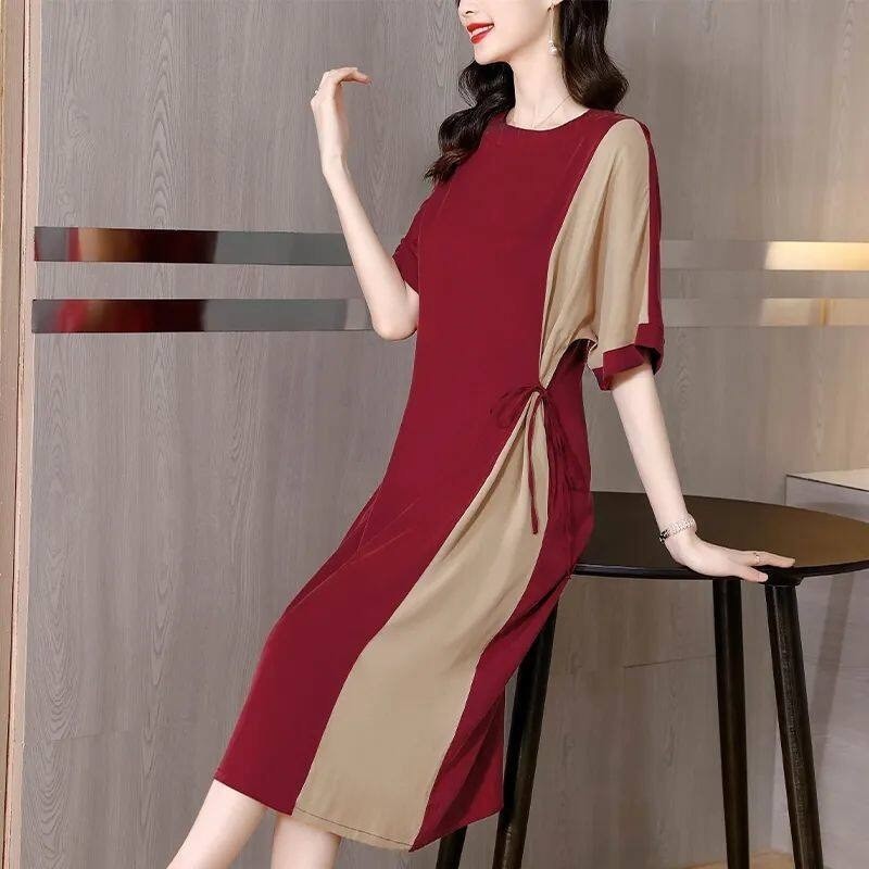 Summer New Women's Clothing Slimming Color Matching Dress Women's Fashion Cover Belly High-end Skirt Long Skirt